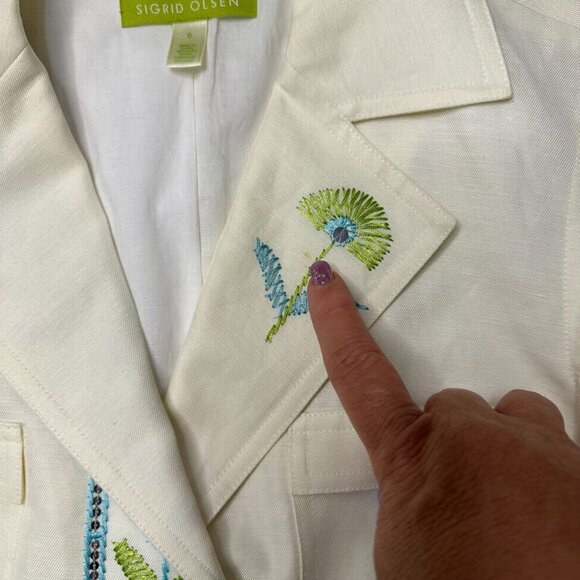 Sigrid Olsen Linen Blend Blazer Womens 6 Ivory Embroidered Floral Snap FLAW - Picture 3 of 10